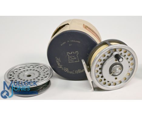 Hardy Bros "The Marquis" 6 Multiplier alloy fly reel with spare spool, 3 ¼" ventilated spool, 2 screw latch, black handle, re
