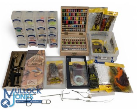 Fly Tying Kit, a good clean collection to include a wooden set of cotton silk flash reels, most looking used, feathers, wool,