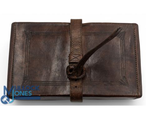 Leather Fly Tying Case, with a period vice in Allcock style, tools, interior fitted for tools with a holding panel
