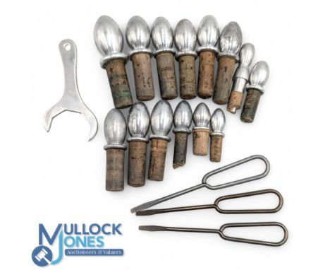 Collection of Alloy and cork ferrule stoppers taken from Hardy rods, a Hardy alloy reel fitting spanner and 3x vintage reel s