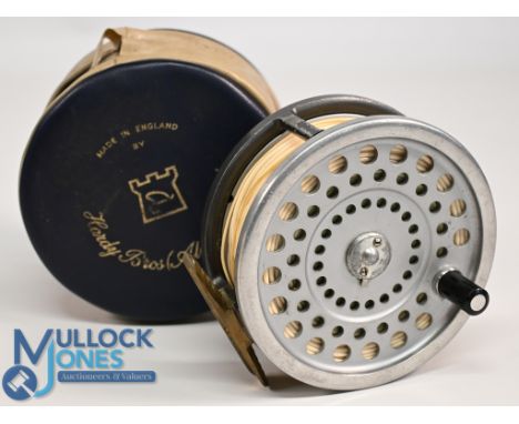 Hardy Bros "Marquis Salmon No 2" alloy fly reel, 4 1/8" wide ventilated spool, 2 screw latch, black handle, rear tensioner, c