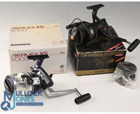 Shimano Aerlex XS 8000 long cast reel, skirted spool, as new in MOB, and a Shimano Carbomatic 6000-reel, high speed model, as