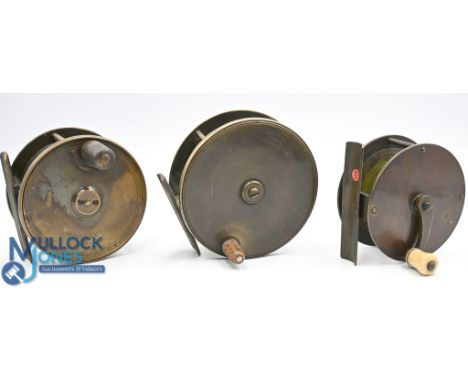A MacLeay of Inverness 3 ½" all brass reel with constant check, a Foster's of Ashbourne 4" narrow drum brass reel with horn h