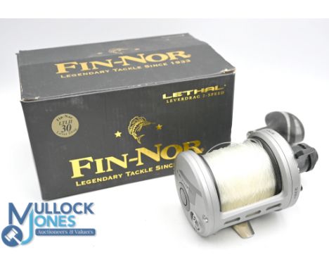Fin-Nor Lethal LTL30 lever drag 2- speed multiplier reel, grey finish, power handle, little used, c/w rod saddle clamp, spann