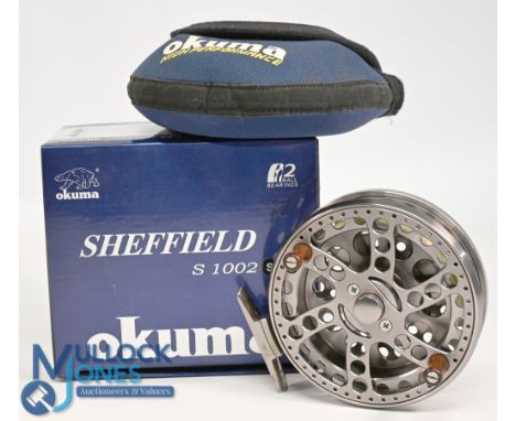 Okuma "The Sheffield" S-1002 alloy centre pin trotting reel, 4 ½" ventilated spool with twin wood handles, on/off check, in o