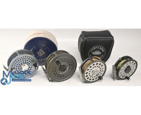 J W Young the Jubilee 5350 fly reel, 3 ¼" diameter, blue anodized finish, rear drag adjuster, lacking rear badge otherwise go