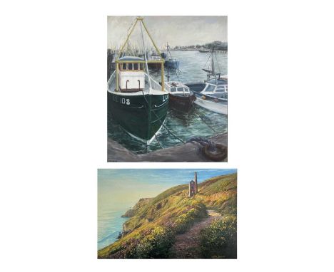 L TREMBATH Fishing BoatsOil on board Signed 75 x 62cmTogether with an engine house print by Stephen Cummins, signed