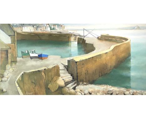 Michael J. PRAED (1941)Mousehole Habour With The Crane Oil on board Signed Further signed and inscribed to verso 45 x 90cmCon