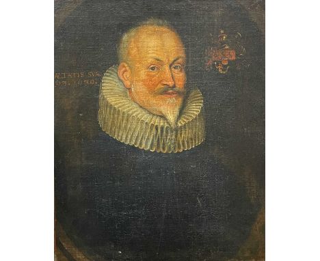 17th-century portrait of a gentleman wearing a ruffOil on canvasInscribed and dated 1639, charged with sitter's coat-of-arms6