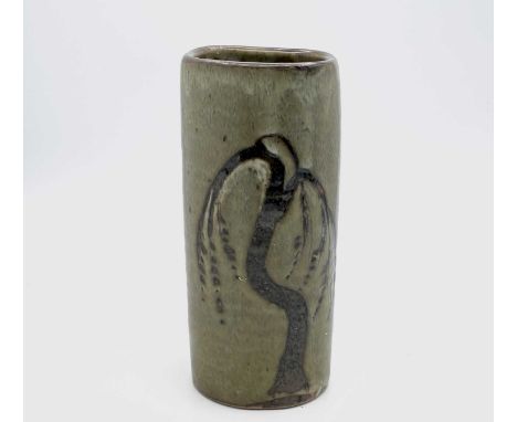 ADavid LEACH (1911-2005) Lowerdown square section vase with weeping willow tenmoku resist brushwork 17.5cmPersonal and potter