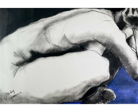 Judy SYMONS (XX-XXI)Doing Yoga on a Blue Mat Charcoal and pastel on paper Signed Further signed and inscribed to verso 59 x 8