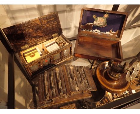 Antique  Mahogany box musical Swiss cottage turned oak brass ships wheel nut cracker and mansmall coffer