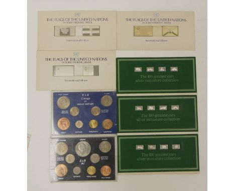 Five John Pinches sterling silver ingot sets, including three 'The Flags of the United Nations' international edition, two in