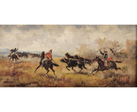 G. Cante (19th century) Oil on canvas Hunting scene depicting figures on horseback spearing water buffalo, possibly Australia