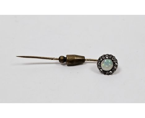 Opal, diamond and gold-coloured metal stickpin&nbsp;with circular cabochon opal surrounded by small old cut diamonds&nbsp;