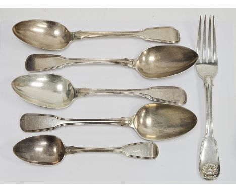 Set of three George III silver serving spoons, London 1808 William Chawner, 22cm long, fiddle and thread pattern together wit