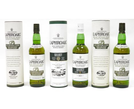 Two bottles of Laphroaig quarter cask single malt scotch whisky, 70cl 48% vol and a bottle of Laphroaig select single malt sc