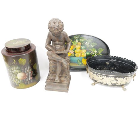 Collection of four decorative items including toleware planter with drop ring lion mask handles and lion paw feet 32cm long, 