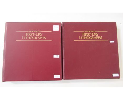 GB stamps: Two maroon folders of QEII philatelic lithographs; first of 27 commemoratives 1979-82, limited edition no 1950 of 