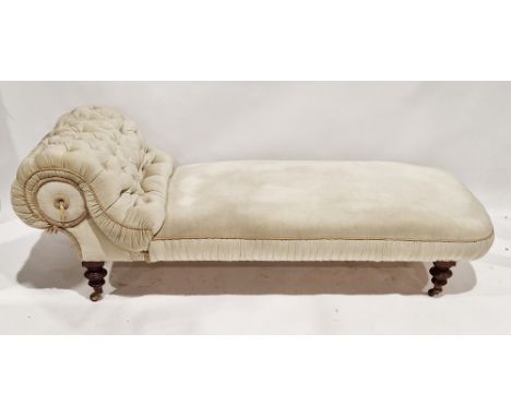 19th century chaise longue with scrolling end and buttoned pale green upholstery raised on turned baluster legs with castors,