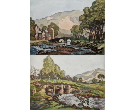 James Priddey (1916-1980) Etching and aquatint "Beddgelert", Welsh village scene with bridge and river, signed and titled in 