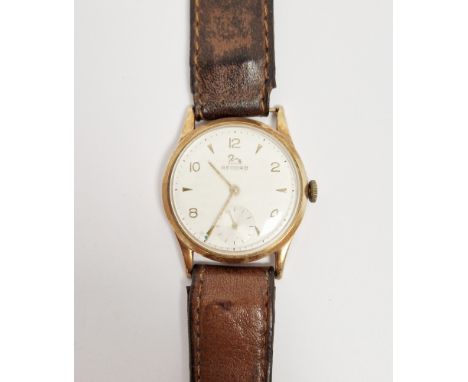 9ct gold cased Record manual wind wristwatch, the dial with alternating baton and Arabic hour markers, seconds subsidiary dia