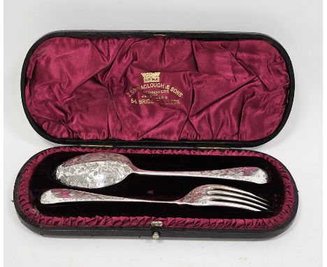 Victorian silver two-piece fork and spoon set, Sheffield 1892, Atkin Brothers, rattail pattern with bright cut foliate decora