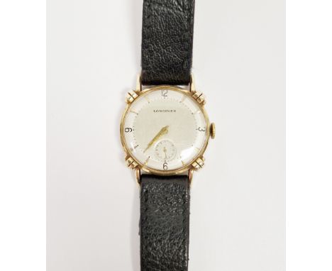 Vintage Longines 14ct gold cased wristwatch, the silvered dial with baton and quarter hour Arabic markers, seconds subsidiary