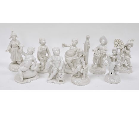 Collection of seven mid 20th century Nymphenburg porcelain figures, all white glazed, including four cherubs in various poses