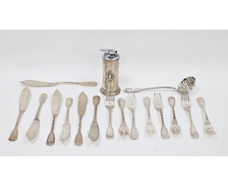 White metal table lighter 13cm high set of silver plated eight fish forks and seven fish knives by Fratelli Broggi and a whit