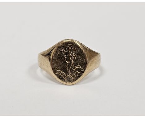Gents 9ct gold signet ring with oval crest of Royal Corps of Signals&nbsp; 4.7g approx, size R