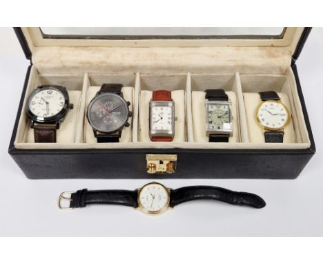 Assorted modern wristwatches, to include a Megia chronometer, Megia Luminous GMT, Seiko, Lorus and others, held in a watch bo