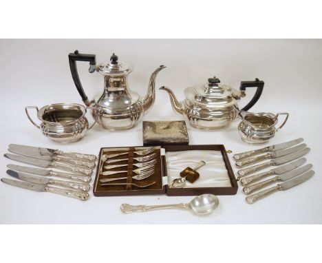 Silver plated flatware including pieces by Harrison Bros and Howson, a four piece silver plated teaset, a cigarette box, a si