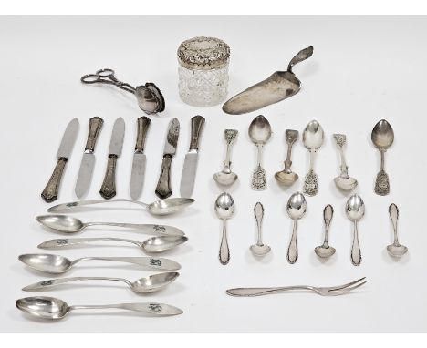 Set of six white metal teaspoons marked N&amp;W90 14cm long, set of six butter knives with silver hallmarked handles, Set of 