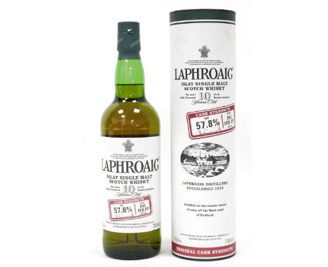 Laphroaig Islay single malt 10 year old Scotch Whisky cask strength, batch 001, bottled Feb 09, 70cl, 57.8% vol, in original 