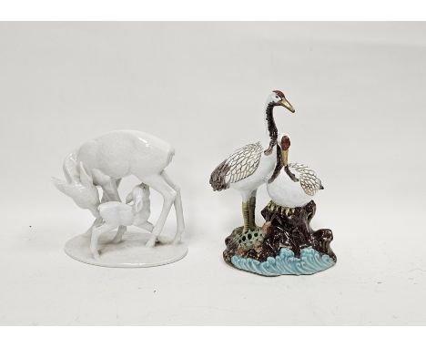 Rosenthal white glazed porcelain model of a doe and fawn modelled by Rudolf Rempel 16cm high and a majolica style porcelain g