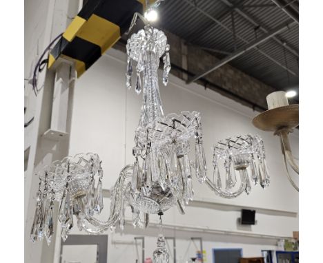 20th century Waterford crystal six light chandelier type 'C.6', the fluted baluster stem, notch cut, issuing six S-shaped bra
