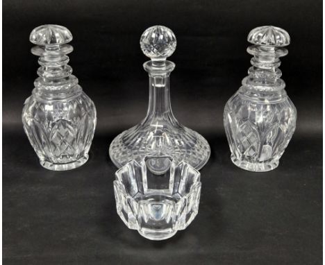 Pair of 19th century cut glass decanters, 25cm high, a Lars Helsten for Orrefors "Corona" glass bowl, 8.5cm high and a cut gl