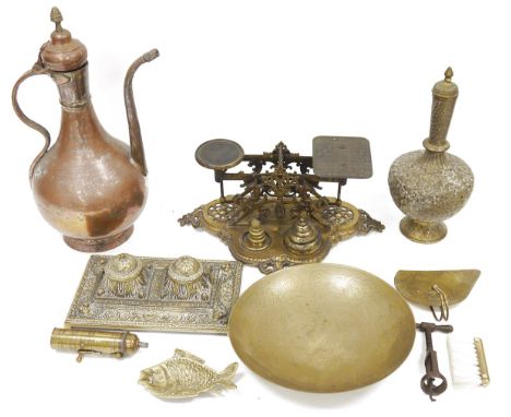 Mixed lot of metalware including ornate Victorian set of postal scales and weight, brass Victorian style double inkwell, anti