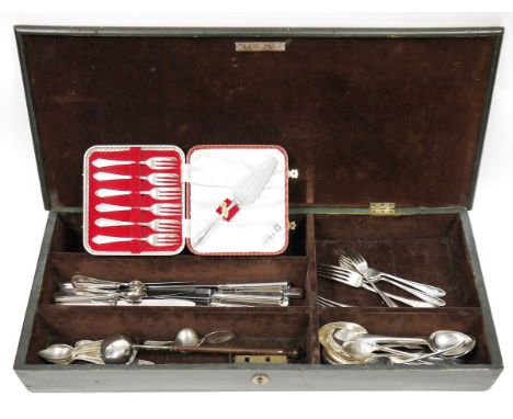 19th century white metal toddy ladle with turned wooden handle and a selection of silver plated flatware&nbsp;including caddy