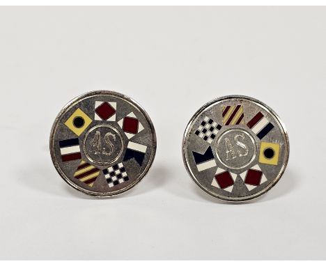 Pair of Tiffany silver and enamel cufflinks each circular with enamel flags to the border initialled 'AS' to the centre in tu
