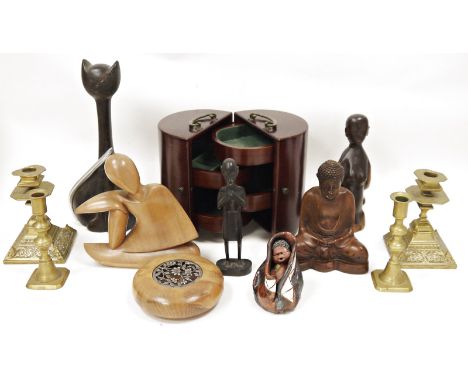 Mixed lot of collectables including two pairs of brass candlesticks, wooden jewellery box, carved wooden figures and bowl, mo