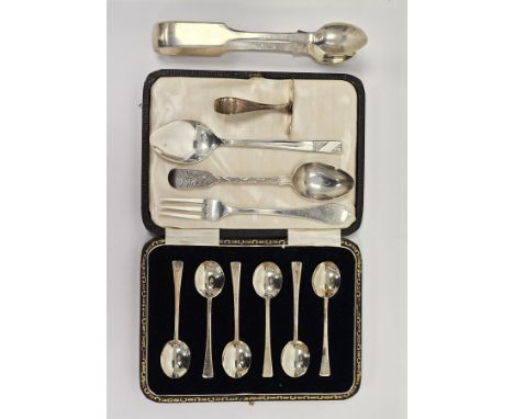 Cased set of six Victorian silver ' The Devon ' teaspoons, London 1900 Thomas Bradbury &amp; Sons, together with Victorian si