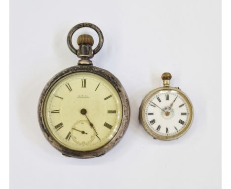 Waltham silver-coloured metal open-faced pocket watch, button winding with subsidiary seconds dial, marked A.W.Co, Waltham, n