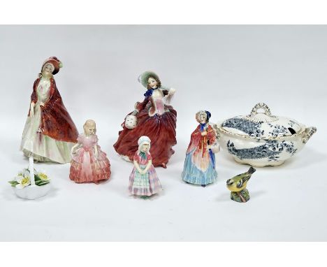 Five Royal Doulton figurines including Rose HN1368, Tootles HN1680, the Little Mistress (damaged), The Paisley Shawl HN1392 a