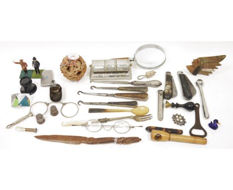 Mixed lot of small collectable items including a mid century perpetual calendar, a chinese boxwood carved puzzle ball, a silv