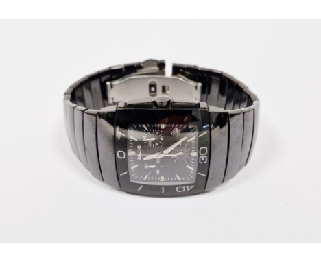Rado Diastar chronograph wristwatch, the square dial with three sub dials and date window, black ceramic case and bracelet, n