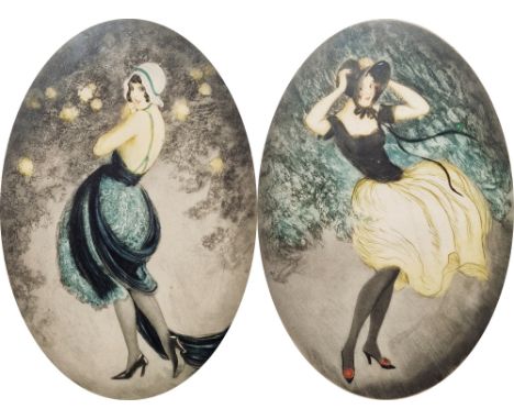 Riez (20th century) Etching and aquatint Young woman wearing blue dress together with another by the same hand depicting a wi
