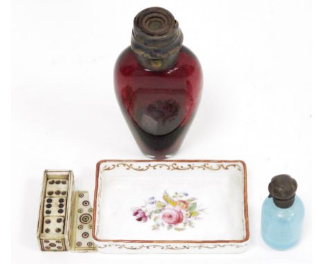 19th century prisoner of war miniature bone set of three dice&nbsp;decorated in green and red with concentric rings (the slid