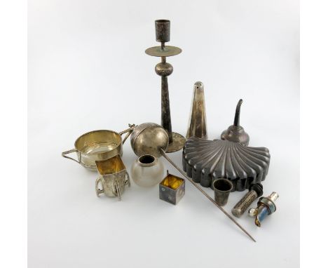 A mixed lot, comprising silver items: an 18th century wine funnel, apparently unmarked, a Scottish cup of tapering square for